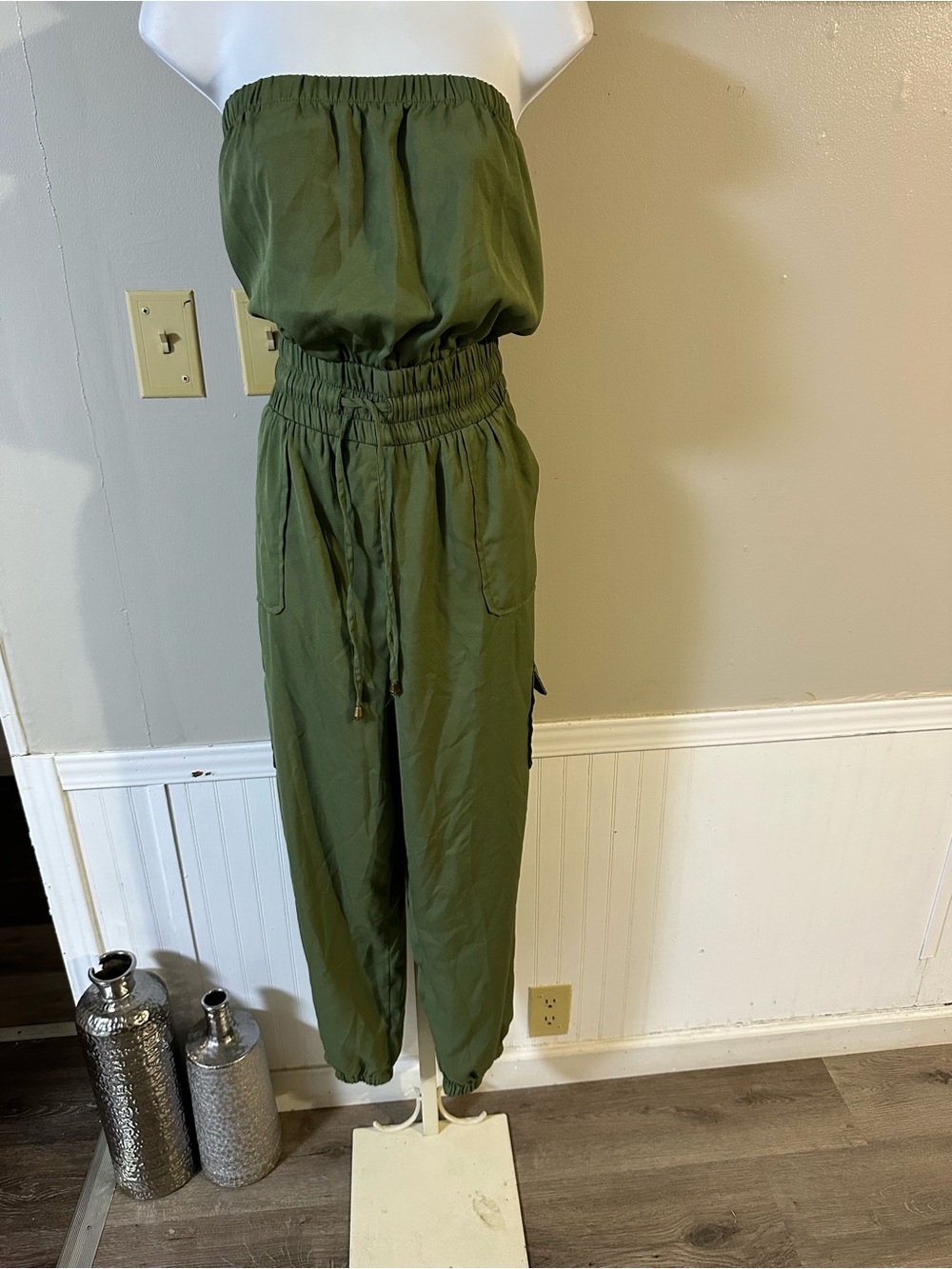 Olive Green Strapless Jumpsuit - Women's Elastic Waist